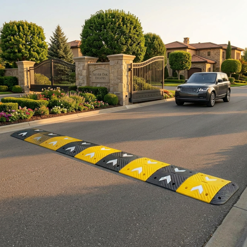 Yellow and black rubber speed bump across the entrance lane of a gated residential community