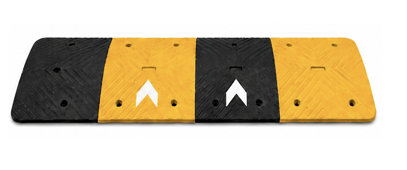 2.4-inch heavy-duty rubber speed bump with black and yellow segments, white directional arrows and bolt holes