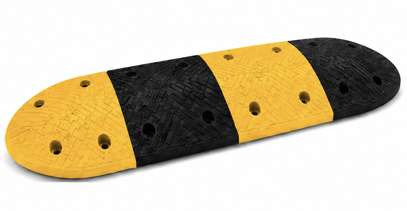 3-inch modular rubber speed bump with yellow and black interlocking sections and rounded end caps